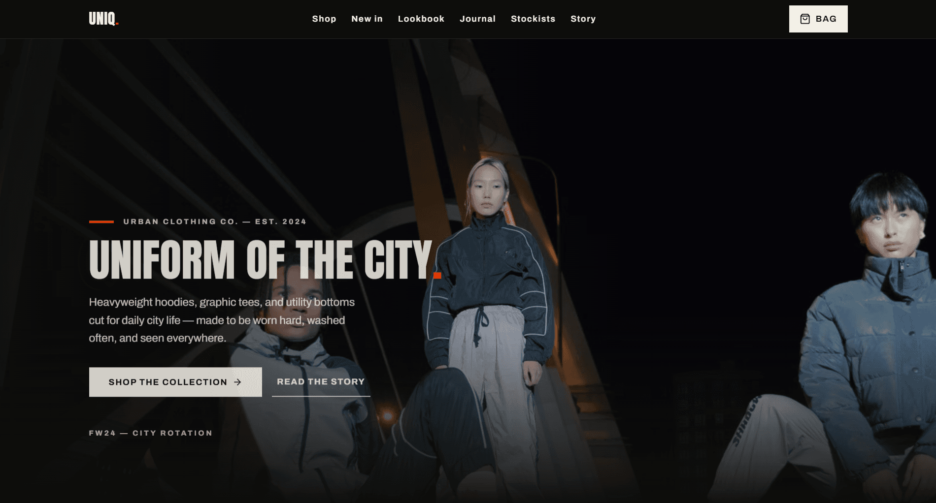 UNIQ clothing website: bold condensed typography reading Uniform of the city over dark urban fashion photography with orange accents